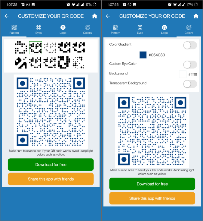 Personalización del código QR en la aplicación QR Tiger 