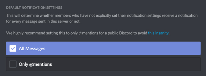 Cambiar la configuración de notificación en Discord Server