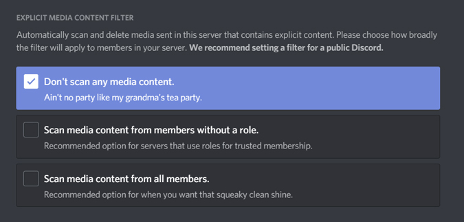 Cambiar el filtro de contenido multimedia en Discord Server