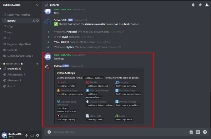 Acceso a la configuración de Rythm utilizando la configuración del comando!