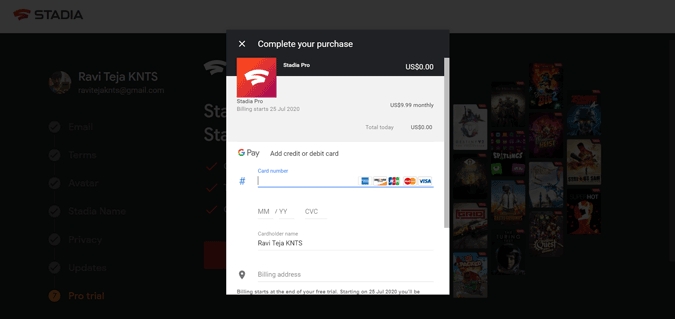 Completar el proceso de pago para Stadia