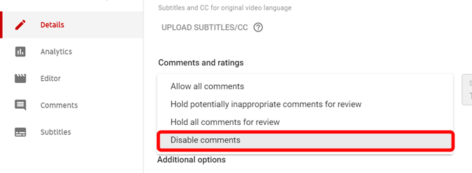 Deshabilitar todos los comentarios en un video