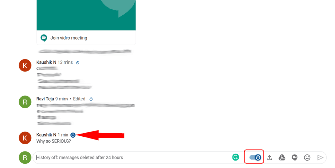 opción de temporizador por encima de los mensajes en el chat de Google