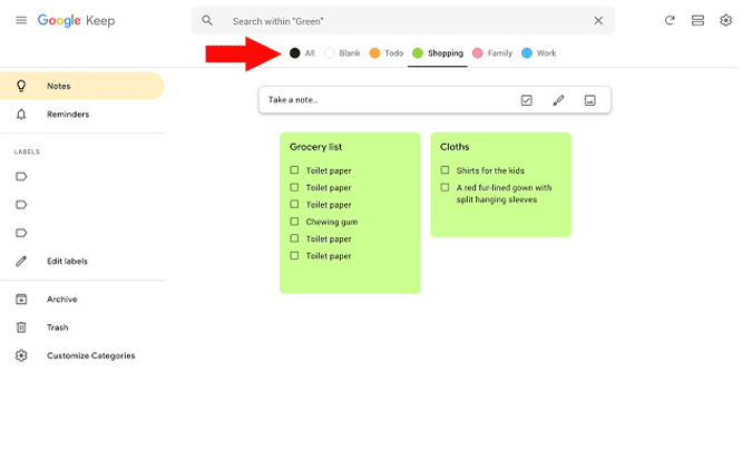 Pestaña Categoría para Google Keep