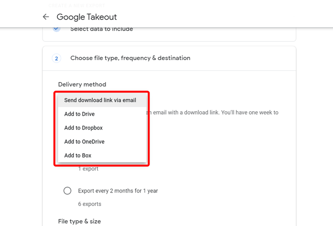 Elegir la opción de descarga en Google Takeout