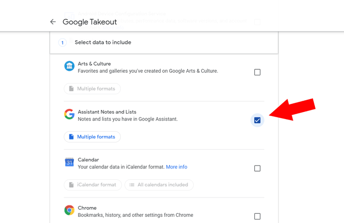 Seleccionar la opción de notas y listas de asistente en Google Takeout
