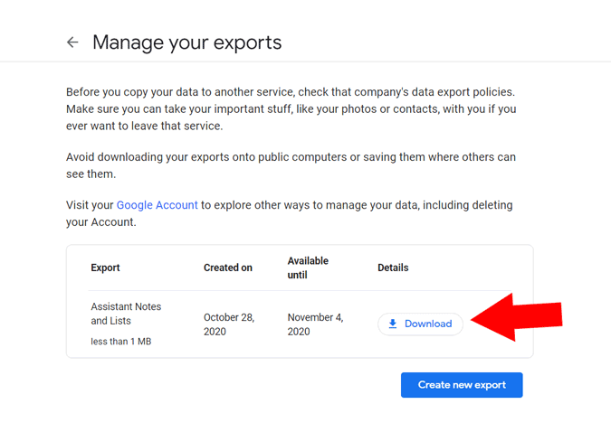 Descargando su exportación de Google Takeout