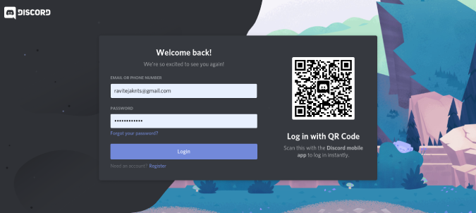 Discord de inicio de sesión en la pantalla