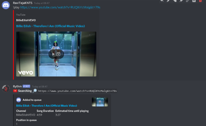 Tocando la canción en Rythm con URL