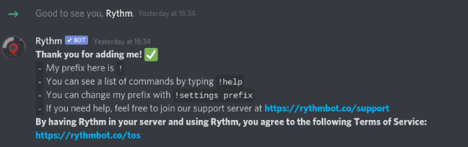 Mensaje de bienvenida de Rythm en Discord Server