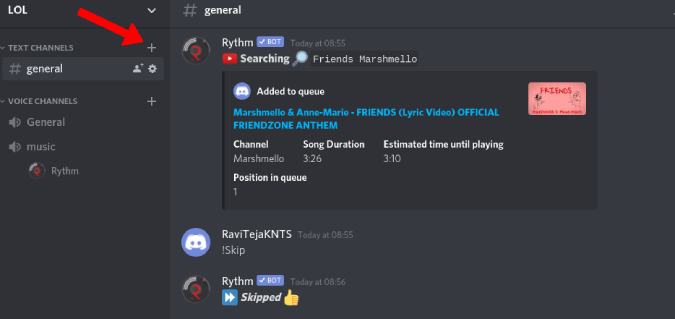 Creación del canal de texto de música en Discord