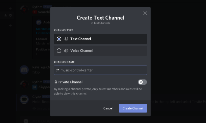 Creación de un canal de texto para el control de la música