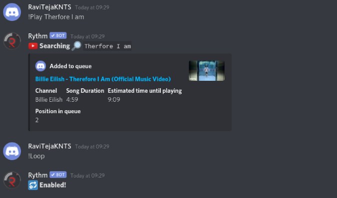 Canciones en bucle con Rythm en Discord