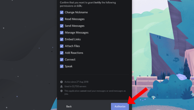 Autorizar los permisos de bot en Discord