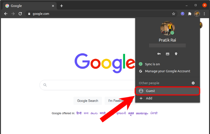 Modo invitado en la ventana de Google Chrome