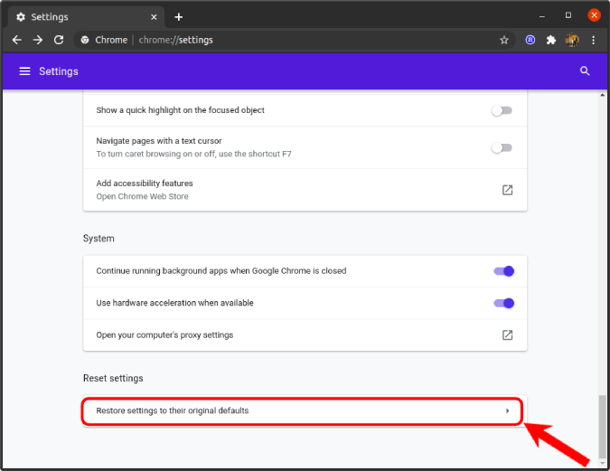 Restablecer la configuración en opciones de configuración de Chrome