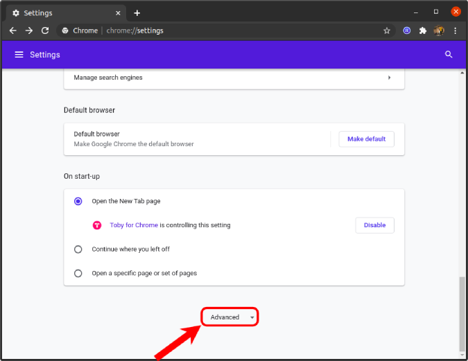 pestaña avanzada en la configuración de Google Chrome