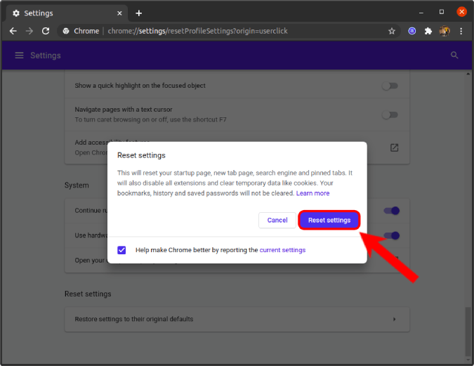 Botón de configuración de restablecimiento en la configuración de Chrome