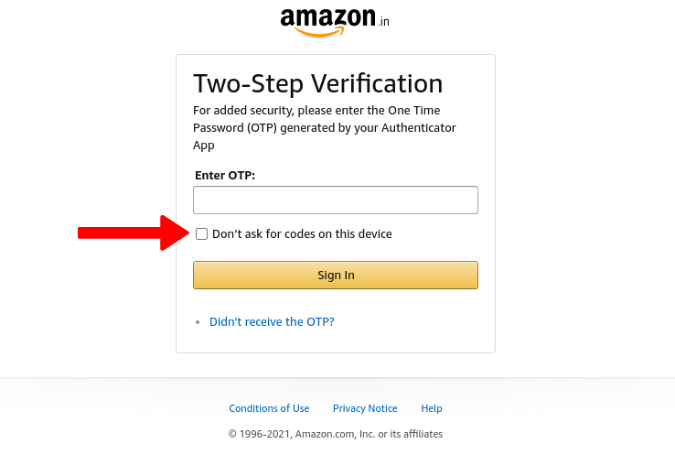 No solicite códigos en esta opción de dispositivo en Amazon