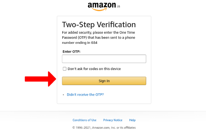Ingrese el OTP desde el teléfono en Amazon
