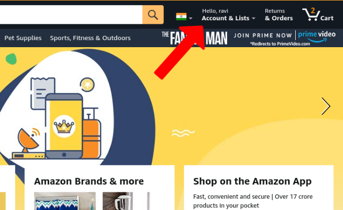 Opción de cuenta y listas en Amazon