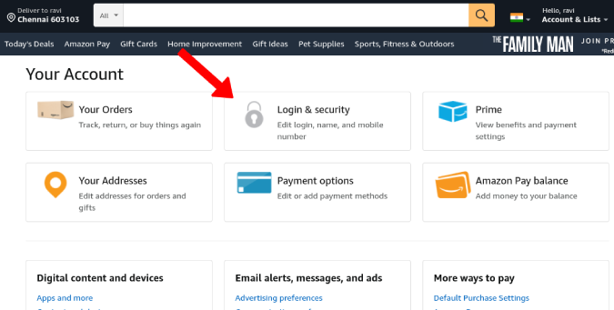 Opción de inicio de sesión y seguridad en la configuración de Amazon