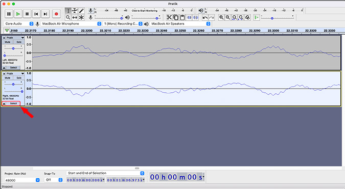 Seleccione un clip de audio en Audacity