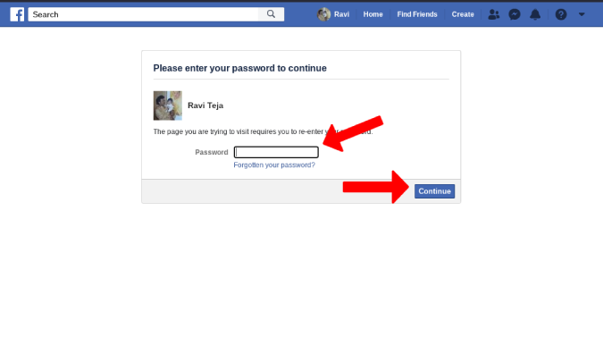 Ingresando la contraseña de Facebook