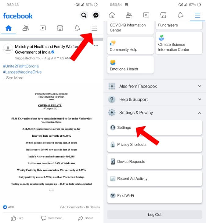 Abra la configuración de Facebook