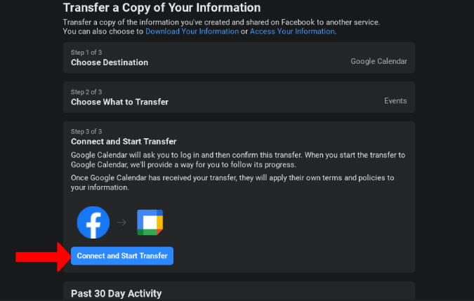 Conectar Facebook y Google para comenzar a transferir