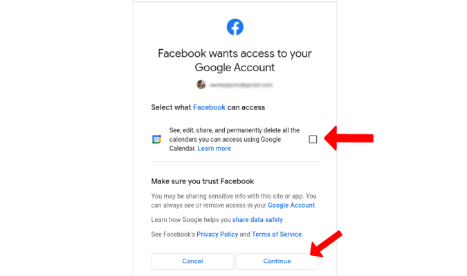 Otorgando permiso para Facebook para acceder al calendario de Google