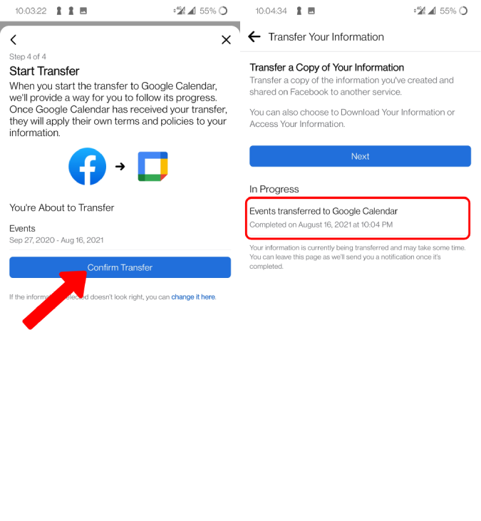 Confirmando la transferencia de eventos al calendario de Google