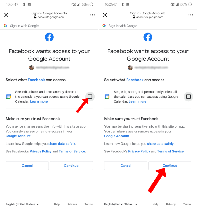Otorgando permisos para Facebook para acceder al calendario de Google