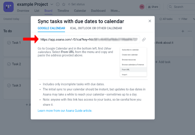 Opción de sincronización del calendario de Google en Asana 