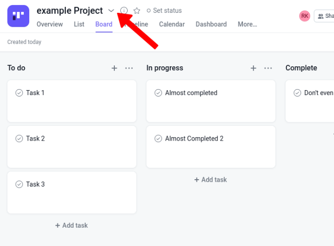 Apertura de la configuración del proyecto en Asana