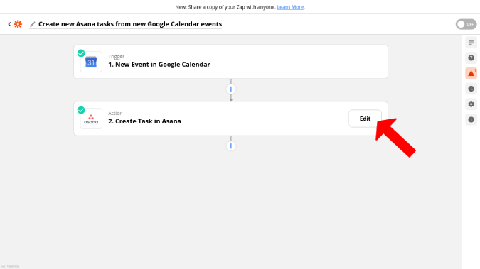 Apertura de la edición de Asana en Zapier 
