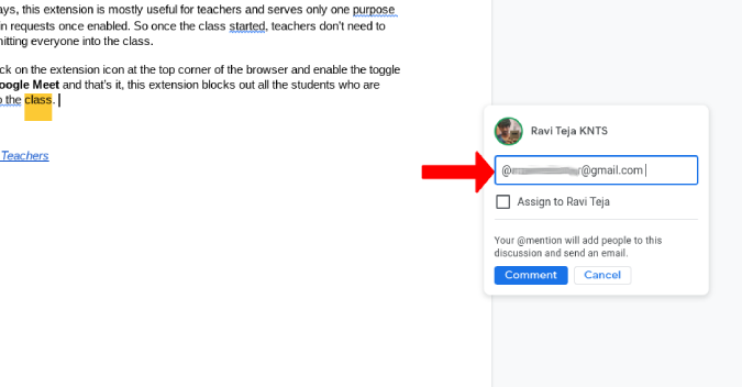 Agregar ID de correo electrónico para asignar tarea en Google Docs