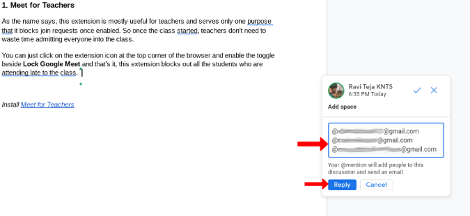 Pinging a las personas con notificación con sugerencias en Google Docs. 