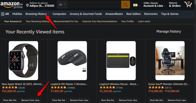 ocultar la historia de navegación de Amazon en el navegador
