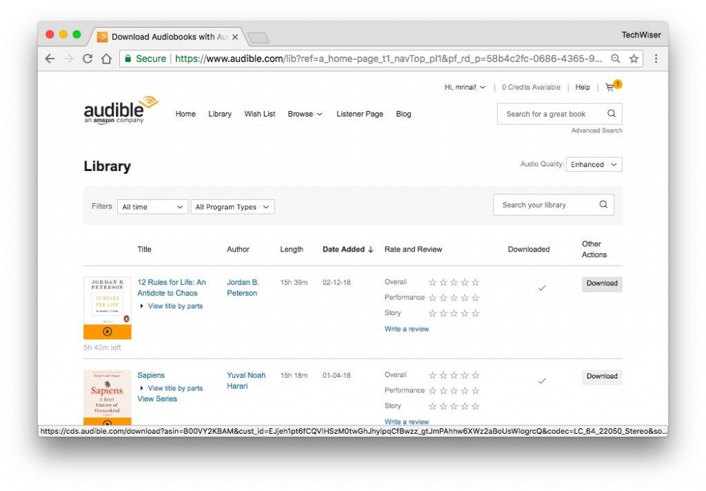 Audible en Mac es a través de iTunes