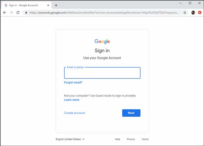 Página de registro de Google