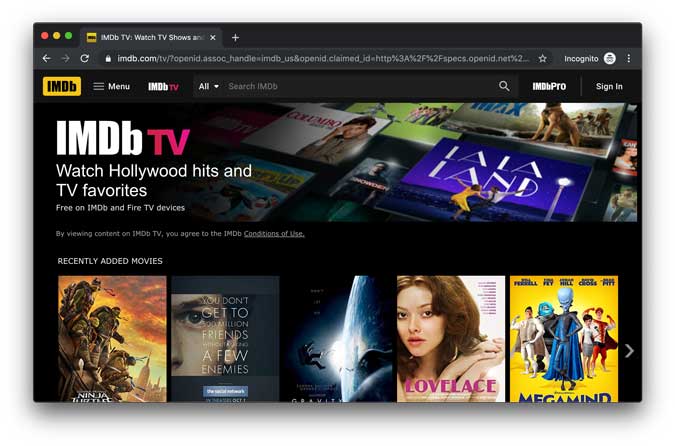 IMDB TV inició sesión fuera de los Estados Unidos