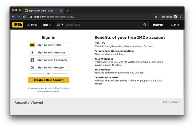 Inicie sesión o cree una cuenta en IMDB 