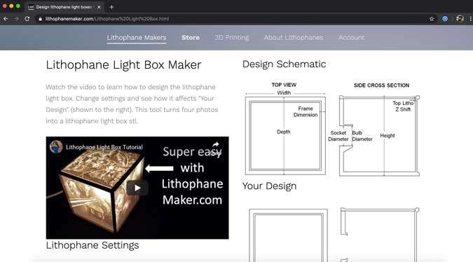 Sitio web de LithoPhanemaker para hacer una caja de luz