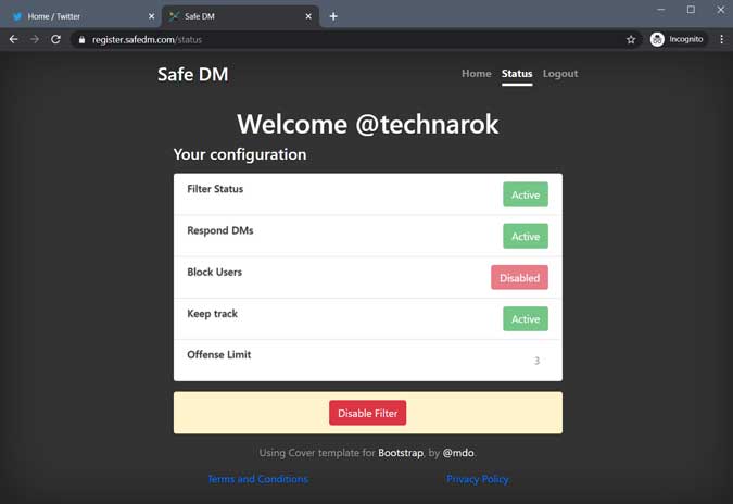 Página de configuración de estado: filtre su DMS de Twitter
