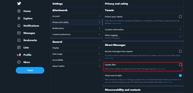 Habilitar el filtro de calidad en la configuración de Twitter