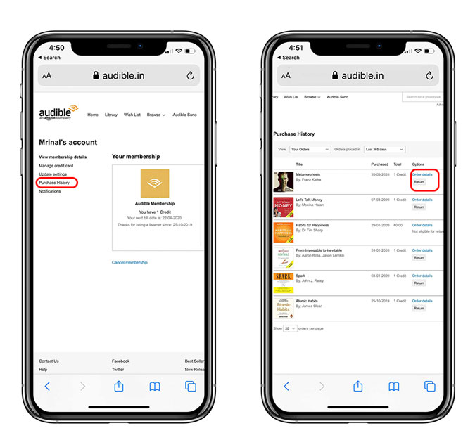 Historial de compra y seleccione un libro y toque Return