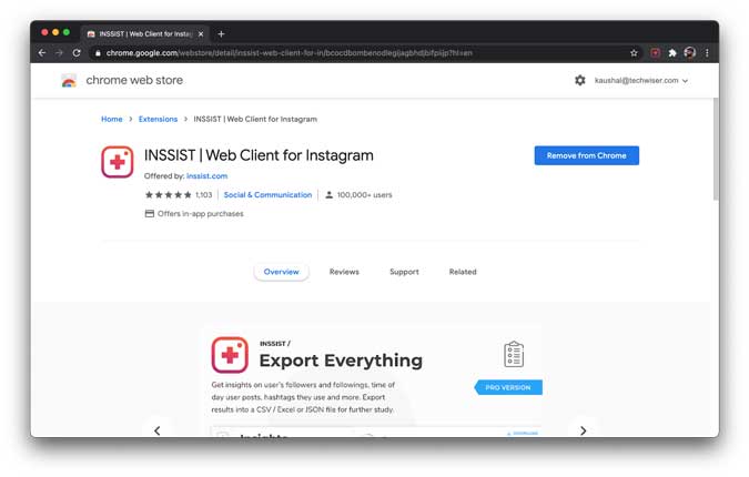 Extensión de Chrome Inssist instalada en el navegador para Mac