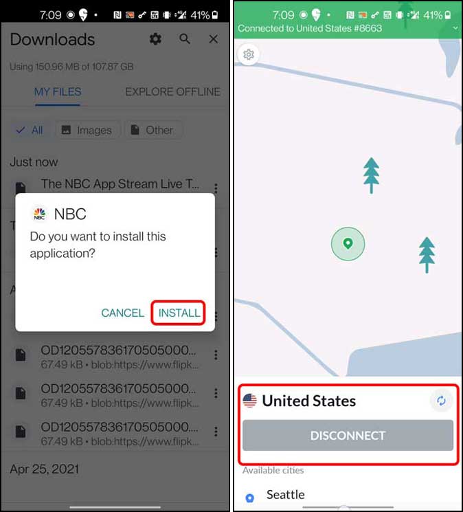 Instale la aplicación NBC y conecte a un servidor de EE. UU.