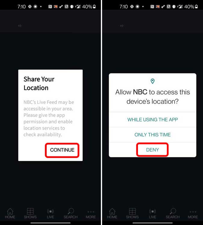 Dene la ubicación en la aplicación NBC